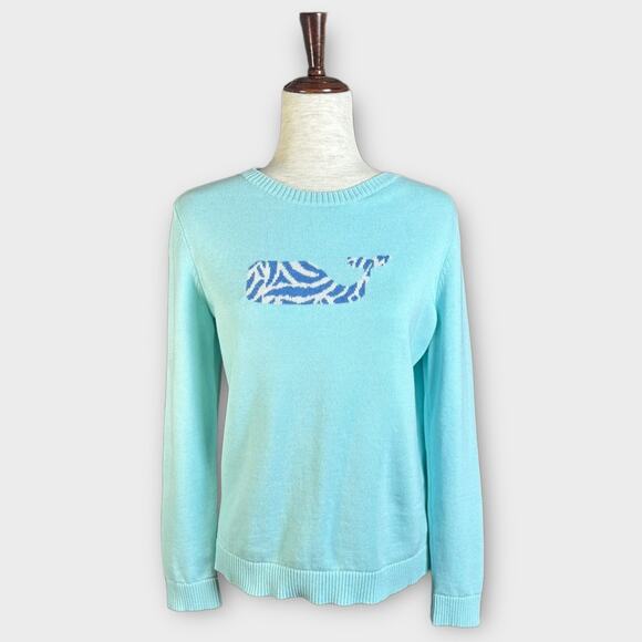 Vineyard Vines Preppy Aqua Teal Zebra Whale Pullover Crewneck Sweater Sz Medium - Picture 1 of 9
